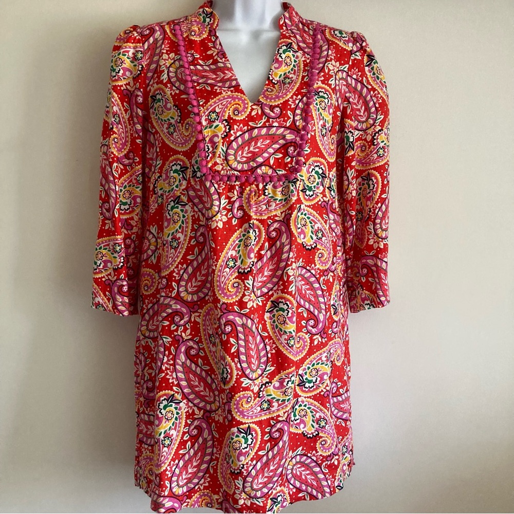 Boden 100% Linen Evangeline Red Paisley Tunic Shift Style Dress Coverup, Sz 2